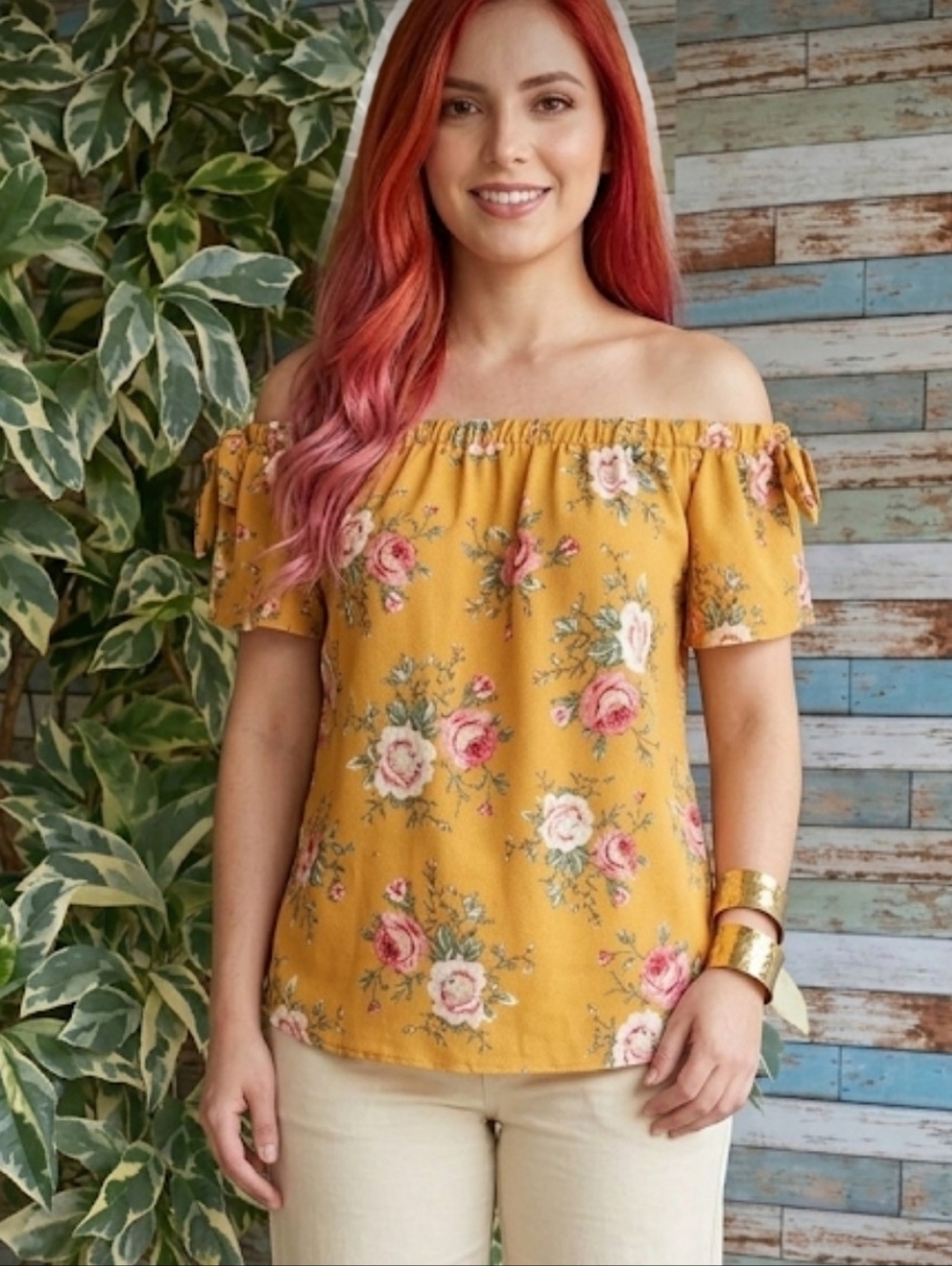 Marianne Floral Yellow Off Shoulder Top Sz Large